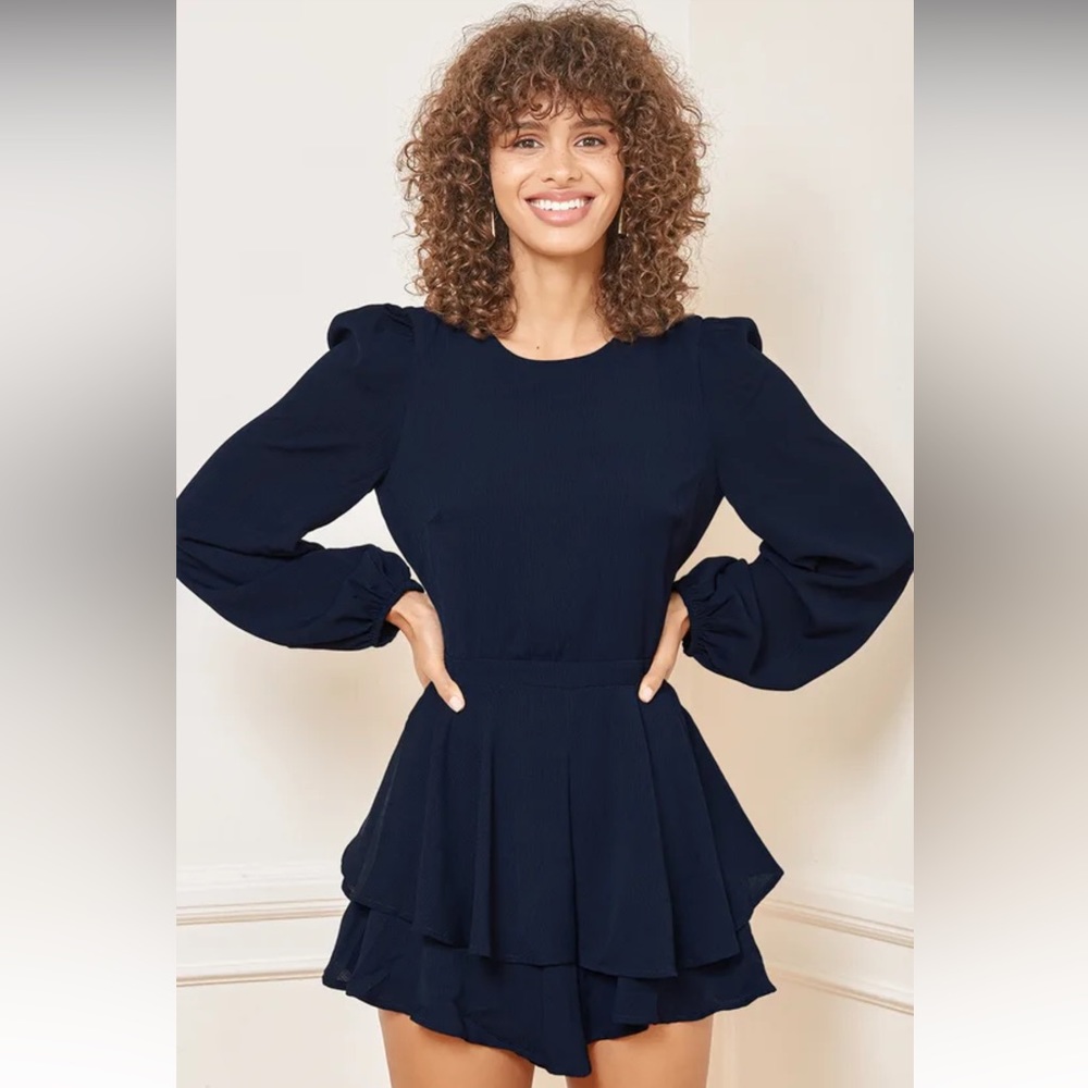 Lulus RSVP Yes Navy Blue Long Sleeve Tiered Romper